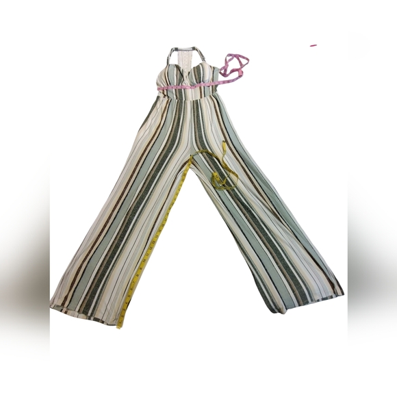 EUC Derek Heart Green Tan Super Soft Striped Halter Jumpsuit With Lace Medium - Picture 4 of 5